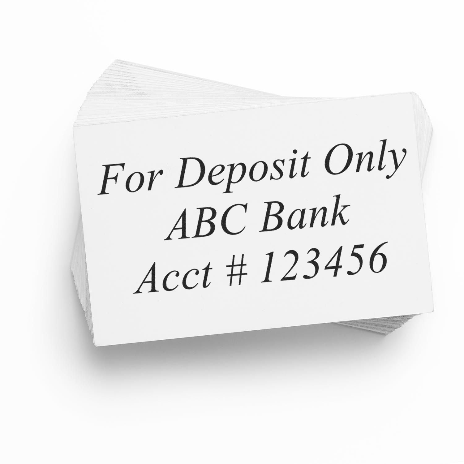 A stack of cards with the text For Deposit Only, ABC Bank, Acct #123456 for the blog post No More Hassles: Simplify Deposits with a Custom Bank Stamp Feature Image .