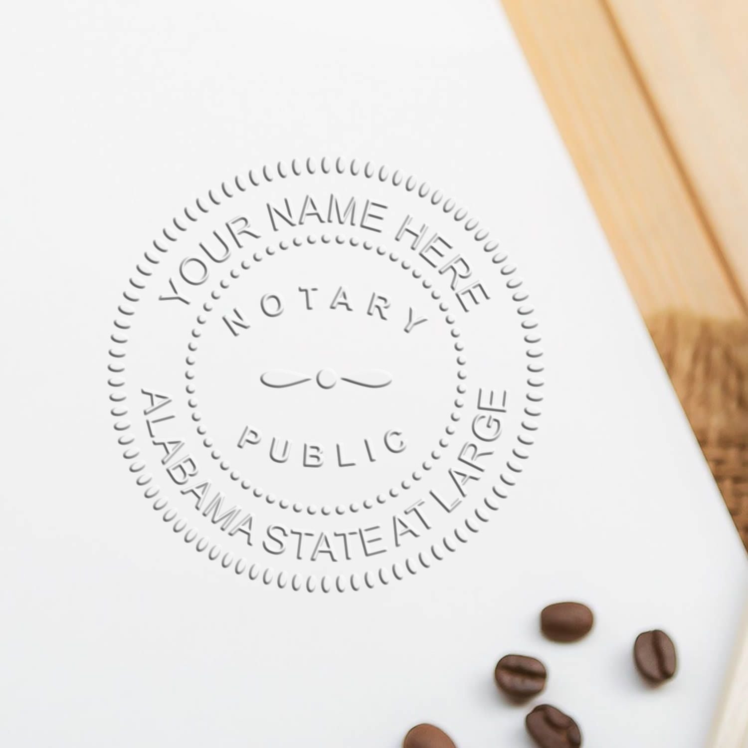 Unlock Professionalism: Choosing the Best Alabama Notary Seal Feature Image. Close-up of an Alabama notary seal on white paper with coffee beans.