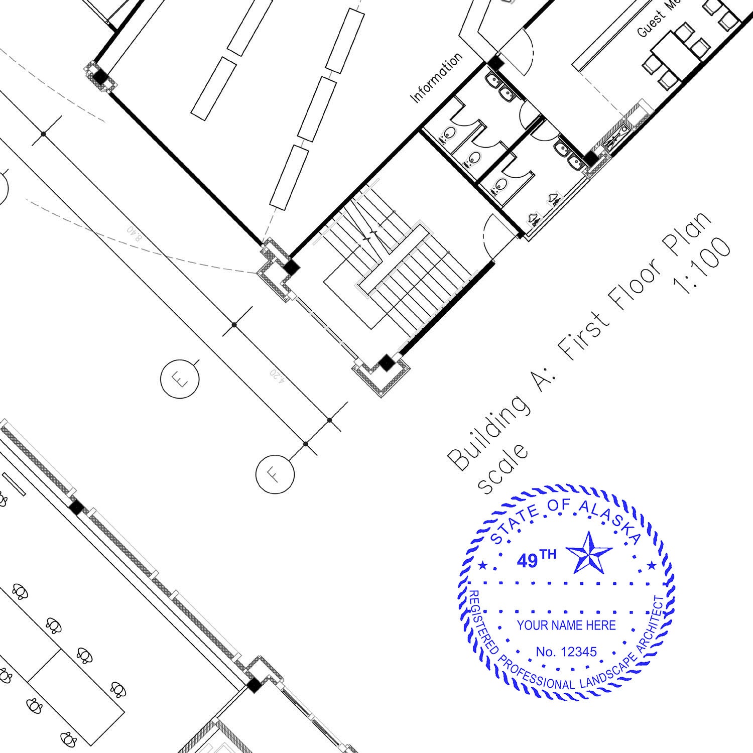 Blueprint of a building's first floor plan with a blue Alaska landscape architect seal stamp in the corner. Blog post: Alaska Landscape Architect Feature Image.