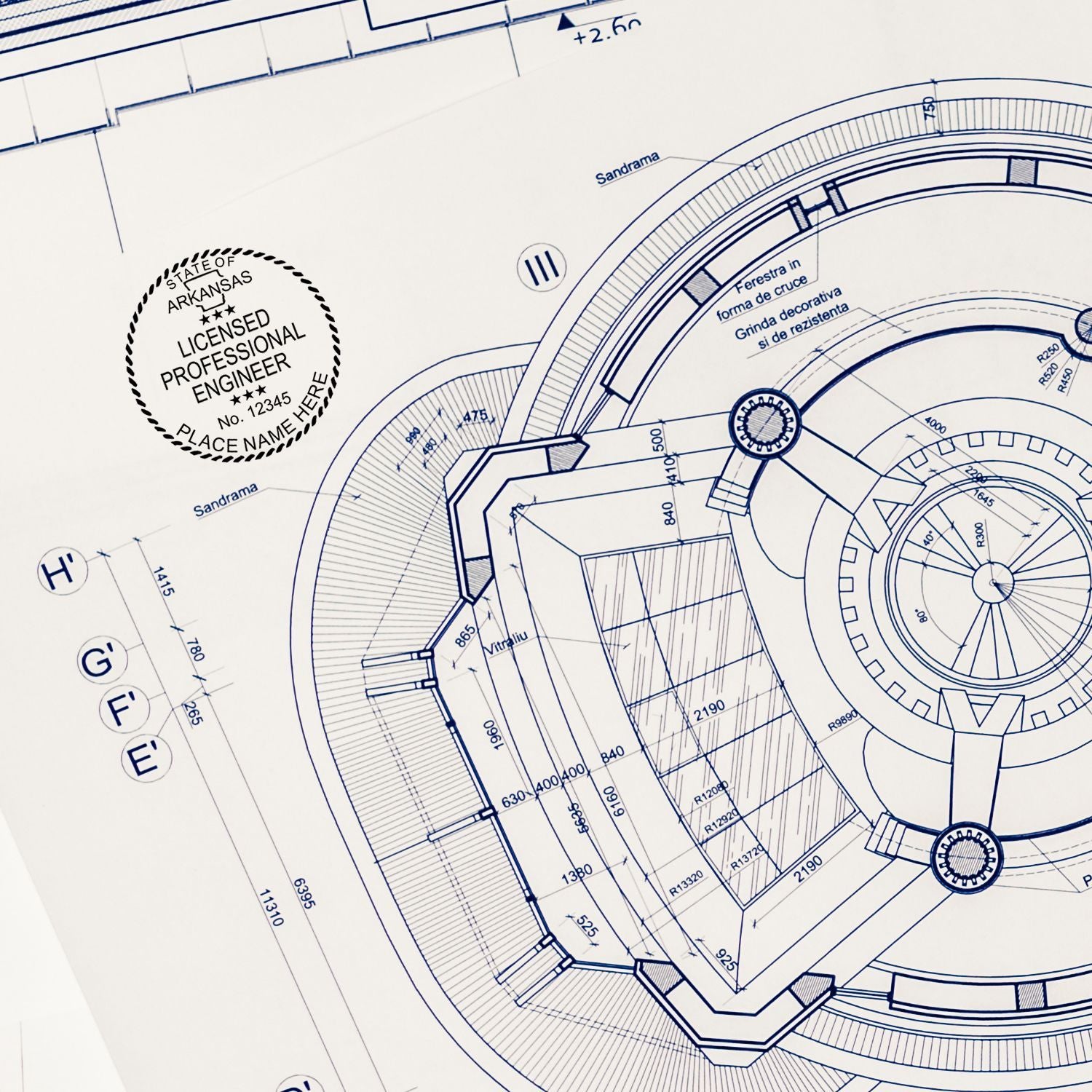 Blueprint with Arkansas PE Seal for blog post Arkansas PE Seal, showcasing detailed engineering design and professional licensure stamp.