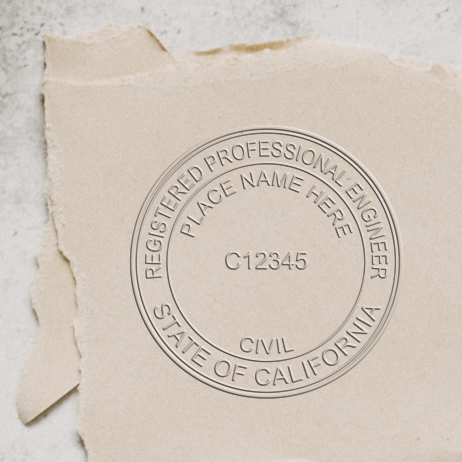 Embossed seal for a Registered Professional Engineer in California on parchment paper. Blog post: Professional Engineer Stamps.