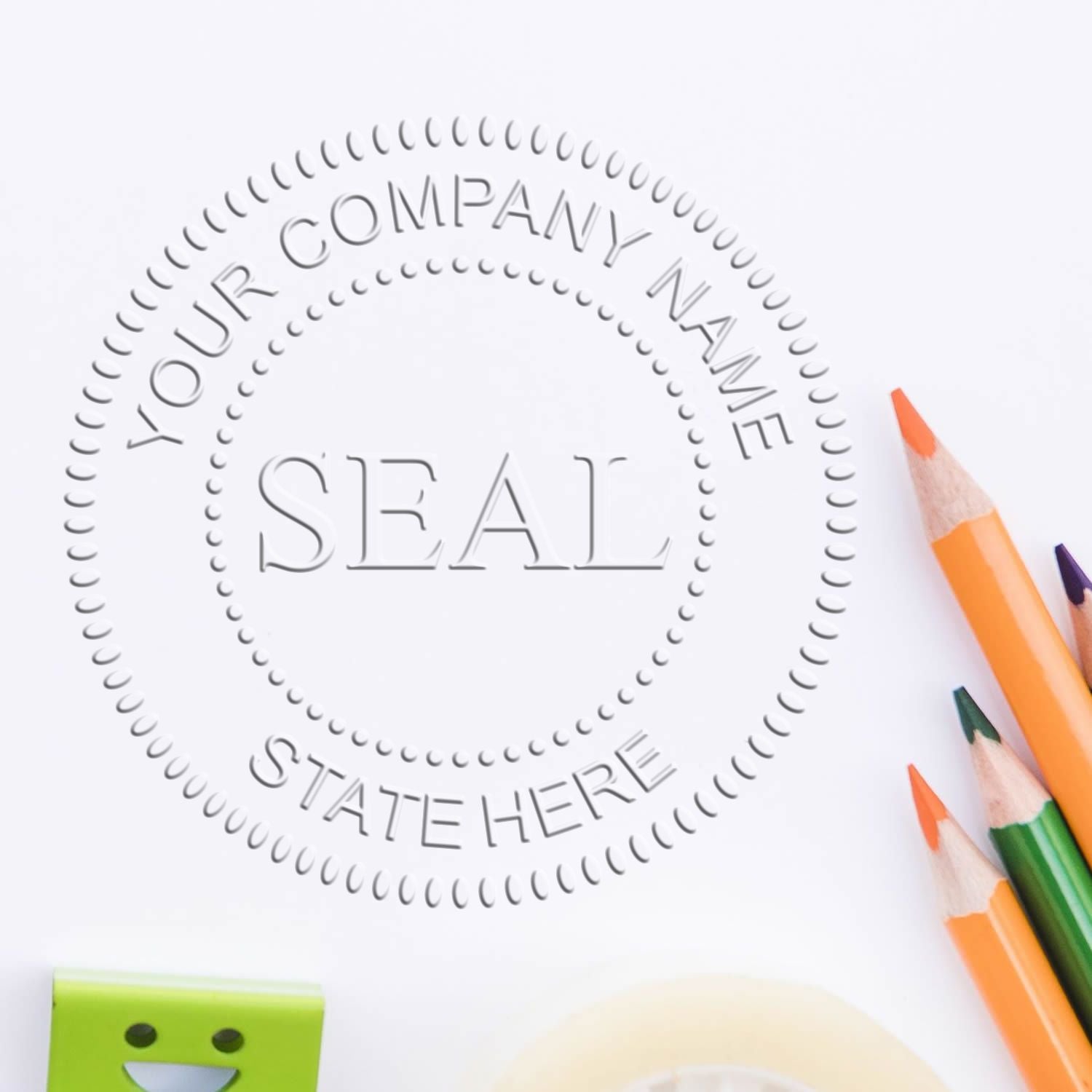 Feature image for blog post 'From Paper to Prestige: The Art of Corporate Embossing Seals' showing an embossed seal with colored pencils.