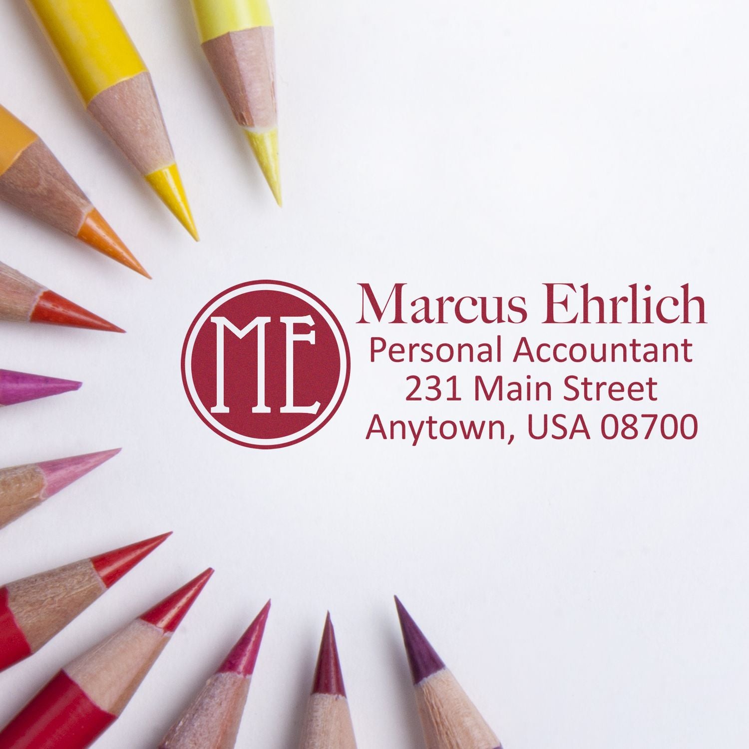 4 Line Custom Self-Inking Stamps Blog Post Feature Image: Colored pencils surrounding a custom stamp for Marcus Ehrlich, Personal Accountant.