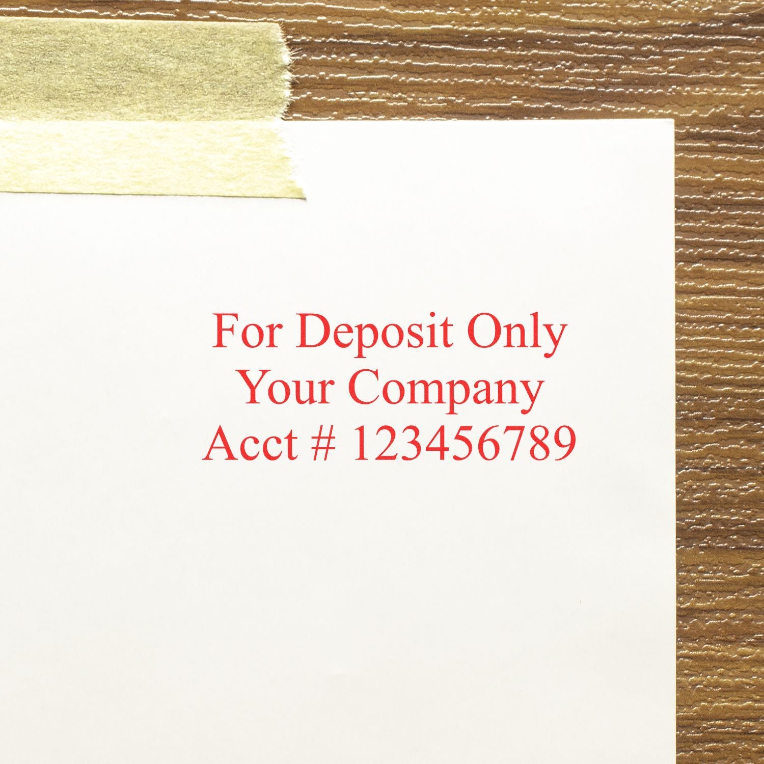 Image of a custom self-inking stamp imprint reading For Deposit Only Your Company Acct # 123456789 for the 3 Line Custom Self Inking Stamps Blog Post Feature Image.