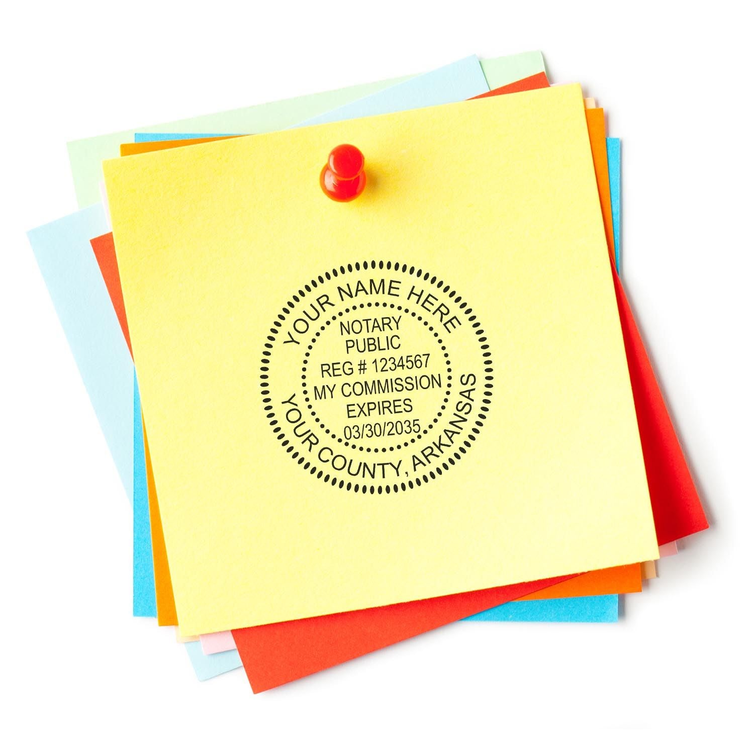 Arkansas Notary Supplies Blog Post Feature Image: A notary public round stamp on a yellow sticky note pinned to colorful papers.