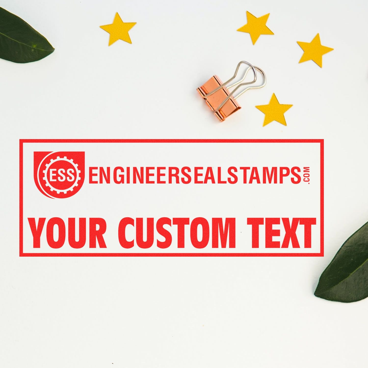 Image of a custom red stamp with www.engineersealstampsshop.com and YOUR CUSTOM TEXT for the blog post Imprint Your Authority: The Essential Attorney Stamps Guide Feature Image .