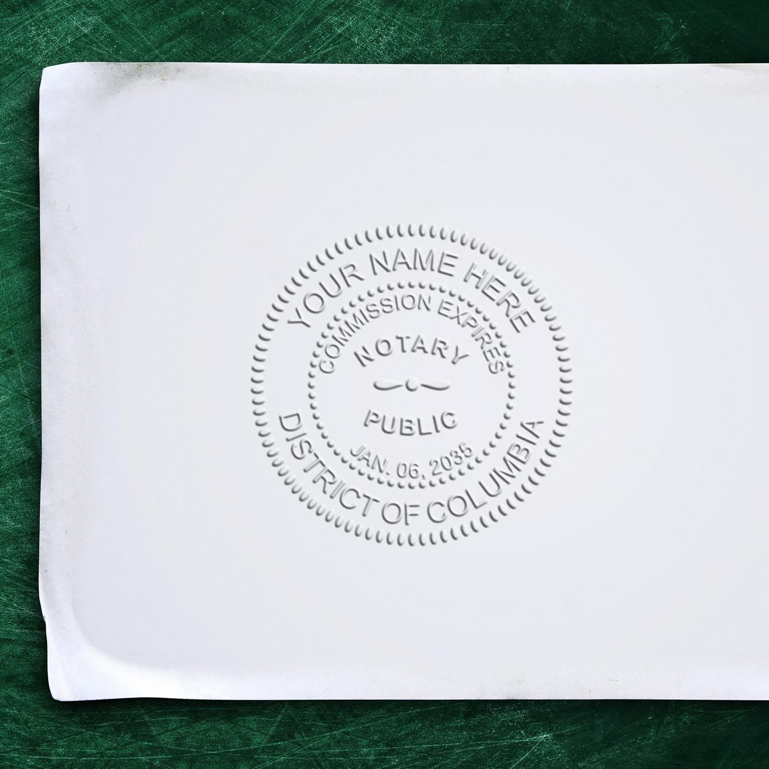 Alt Text: District of Columbia Notary Supplies Blog Post Feature Image: Embossed notary seal on white paper with green background.