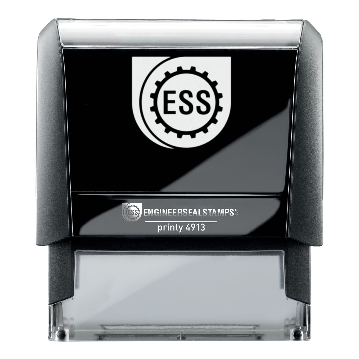 Self inking Stampers Blog Post Feature Image: A black and gray self-inking stamper with ESS logo and 'ENGINEERSEALSTAMPS' text on it.