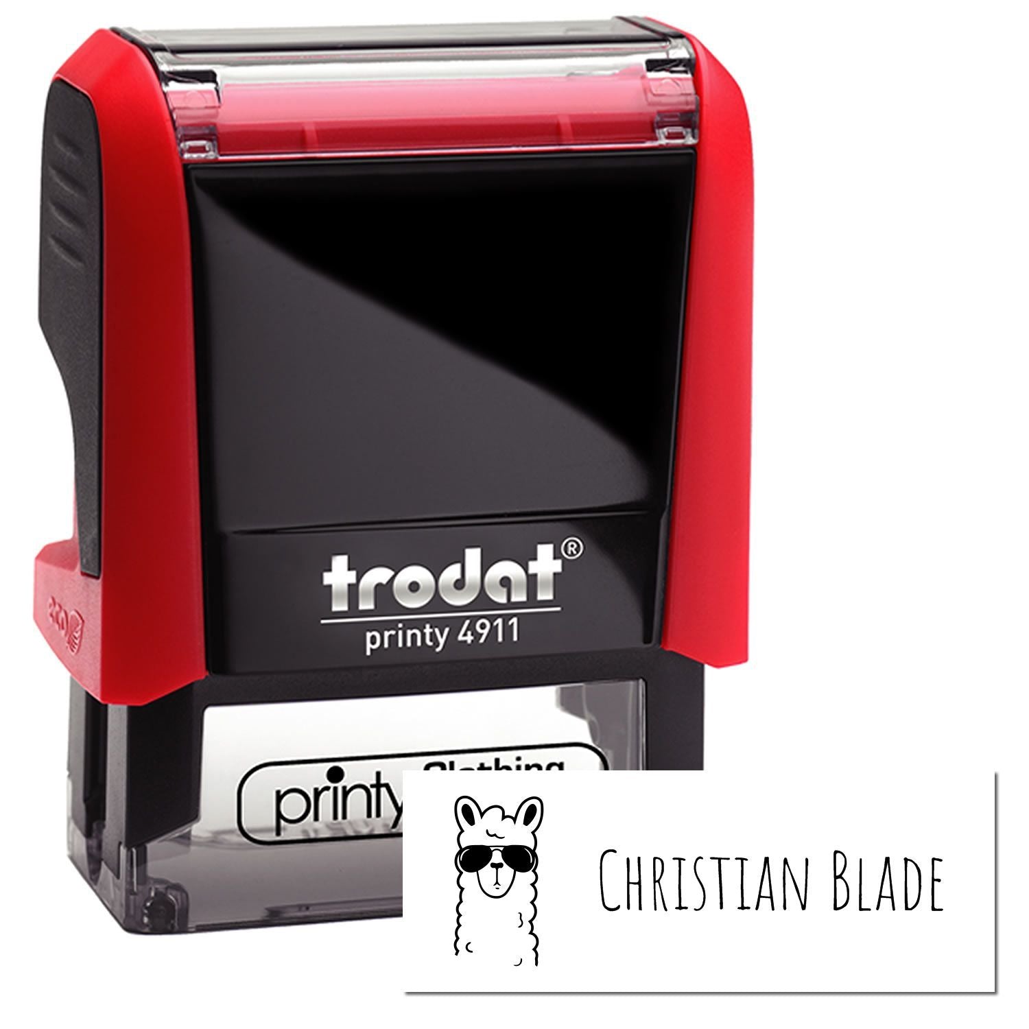 Image of a red and black Trodat Printy 4911 clothing stamp with a llama logo and the name Christian Blade. Fabric or Textile Marking Stamps Blog Post Feature Image.