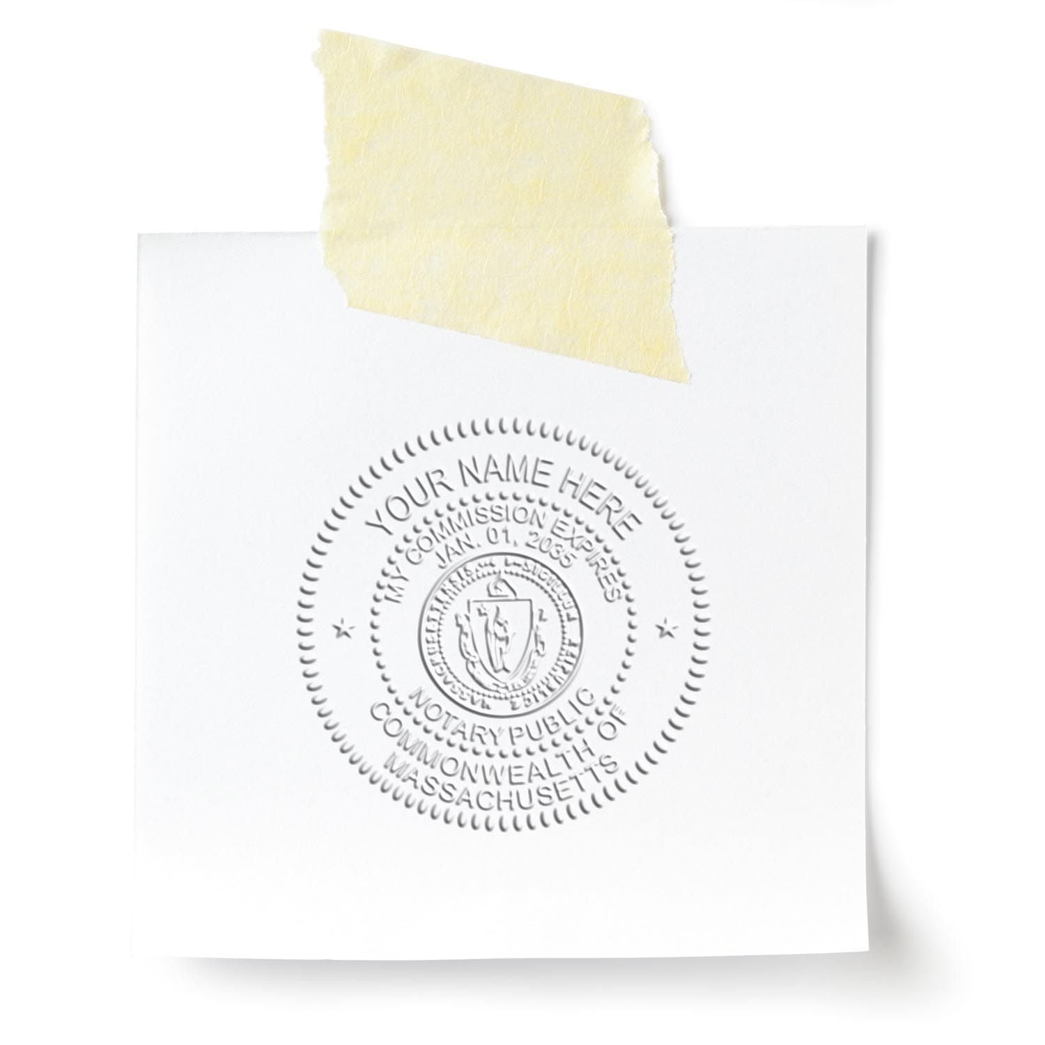 Image of a Massachusetts notary public embossing seal on white paper, taped at the top. Massachusetts Notary Supplies Blog Post Feature Image.