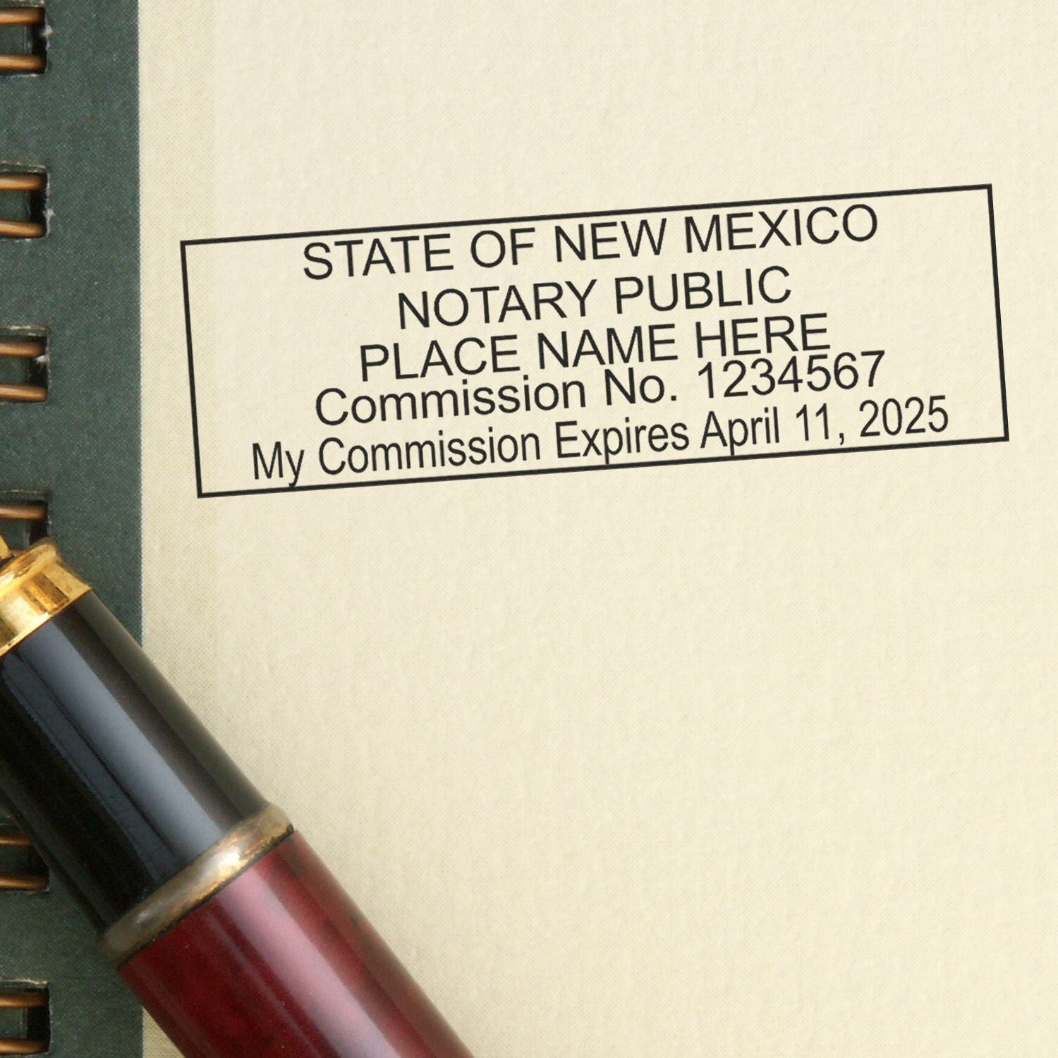 New Mexico Notary Supplies Blog Post Feature Image showing a notary stamp impression on paper with a pen beside it.