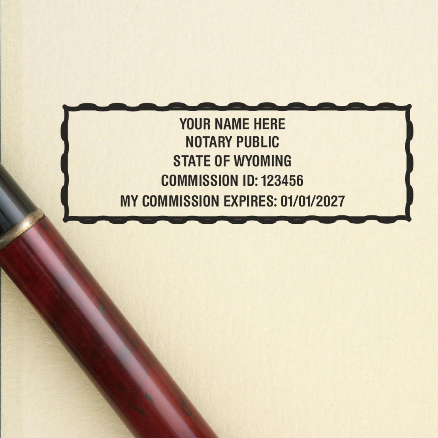 Wyoming Notary Supplies Blog Post Feature Image: Notary public stamp with text and a pen on a beige background.