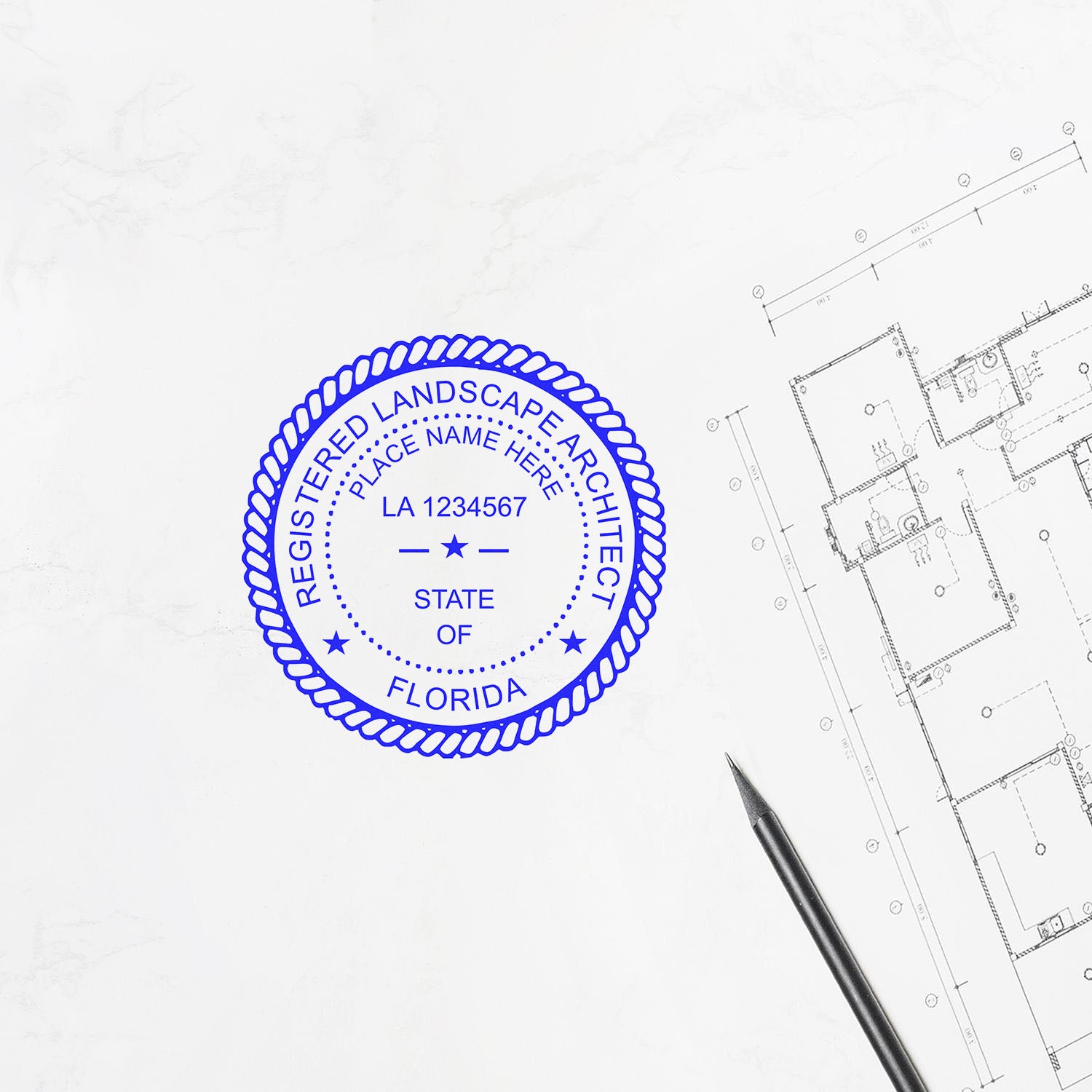 Florida Landscape Architect Feature Image: A blue registered landscape architect seal stamp on a white background with architectural plans.