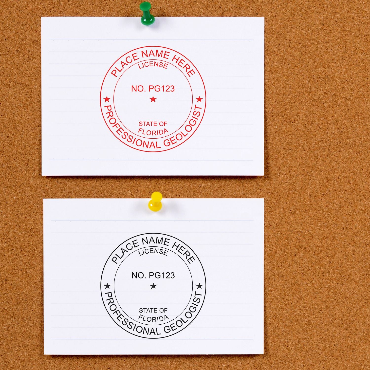 Two professional geologist stamps on index cards pinned to a corkboard. Blog post: Florida Geologist Stamp and Seal.