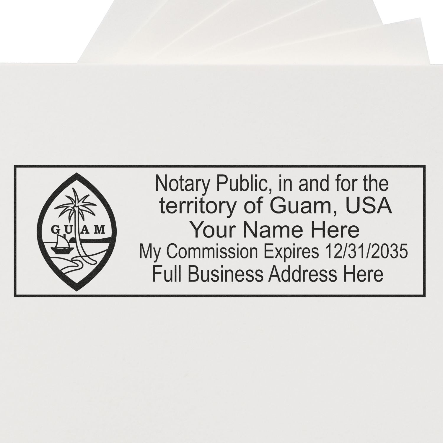 Image of a notary public stamp for Guam, USA, with text fields for name, commission expiry, and address. Blog post: Ensuring Authenticity: Unveiling Notary Public Stamps Feature Image.