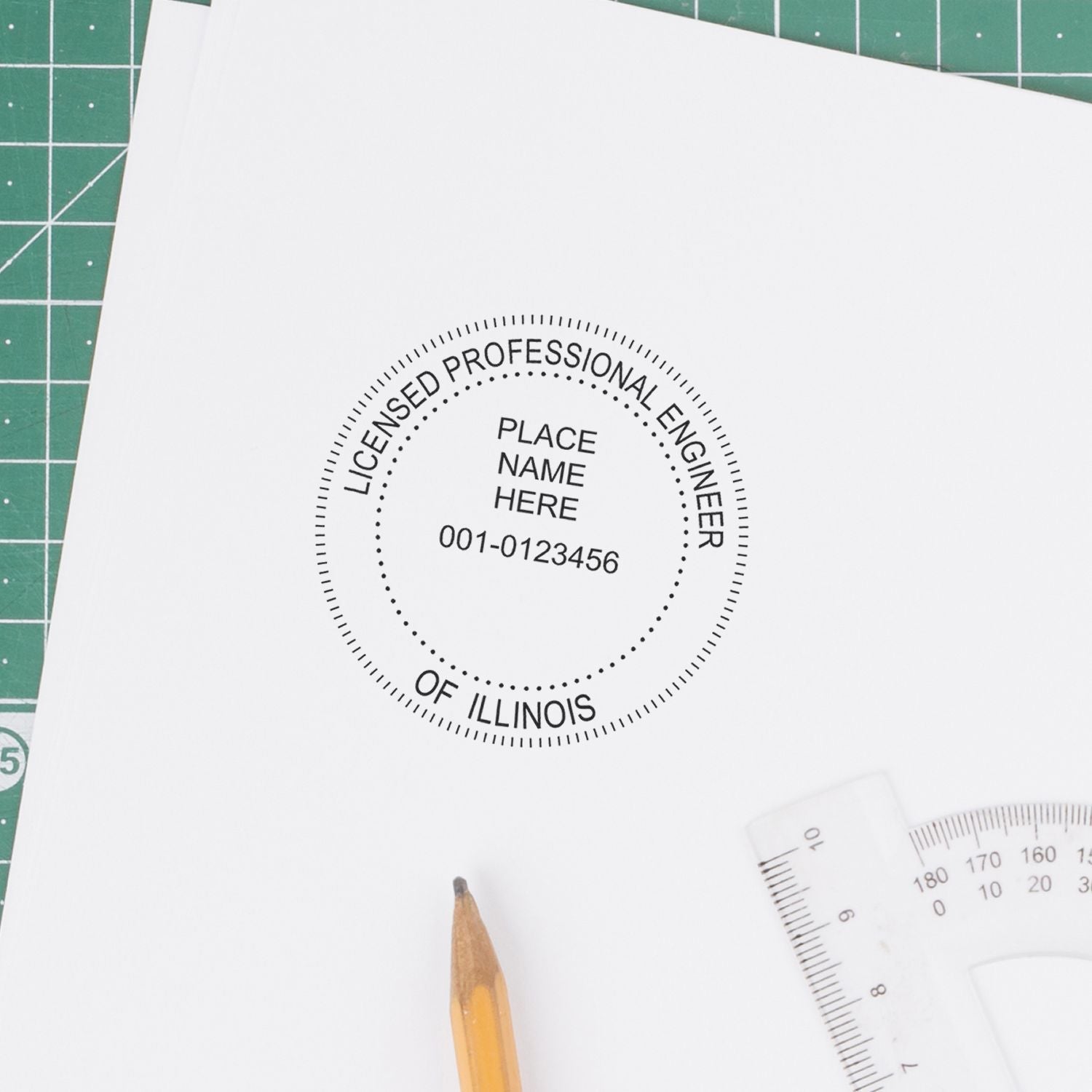 Illinois Professional Engineer Embossers blog post: A close-up of an Illinois licensed professional engineer seal stamp on white paper with a pencil and ruler.