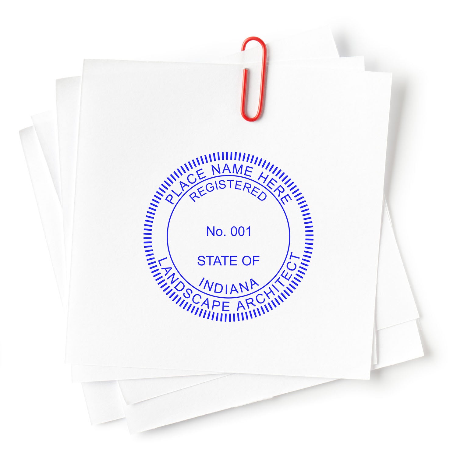 Indiana Landscape Architect Feature Image: A stack of white papers with a red paperclip, displaying a blue seal stamp for Indiana Landscape Architect.