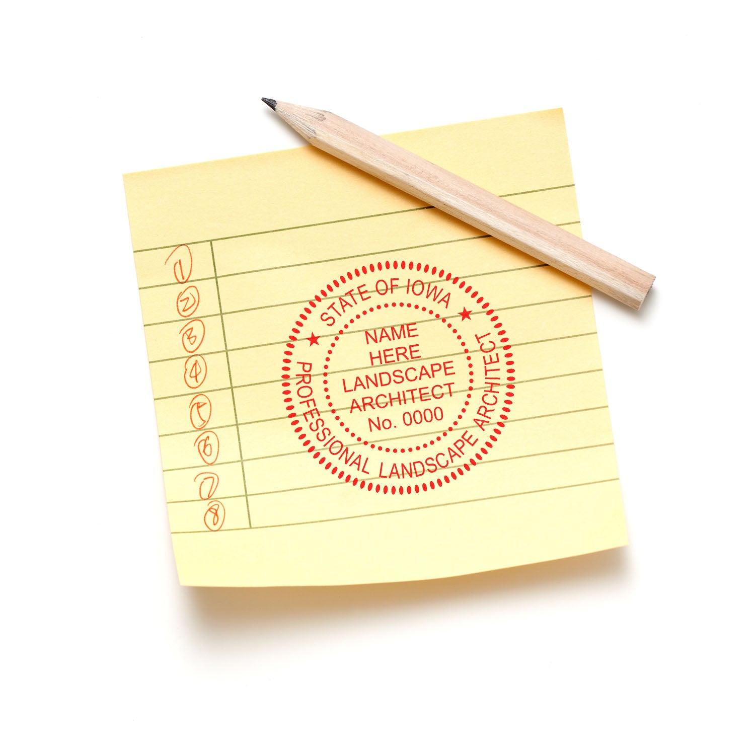 Iowa Landscape Architect Feature Image: A professional landscape architect seal stamp on a yellow notepad with a pencil on top.