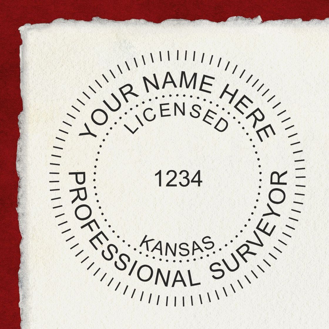 Image of a Kansas land surveyor stamp with YOUR NAME HERE and 1234 in the center. Blog post: Stamp of Approval: The Must-Have Kansas Land Surveyor Stamp Feature Image.