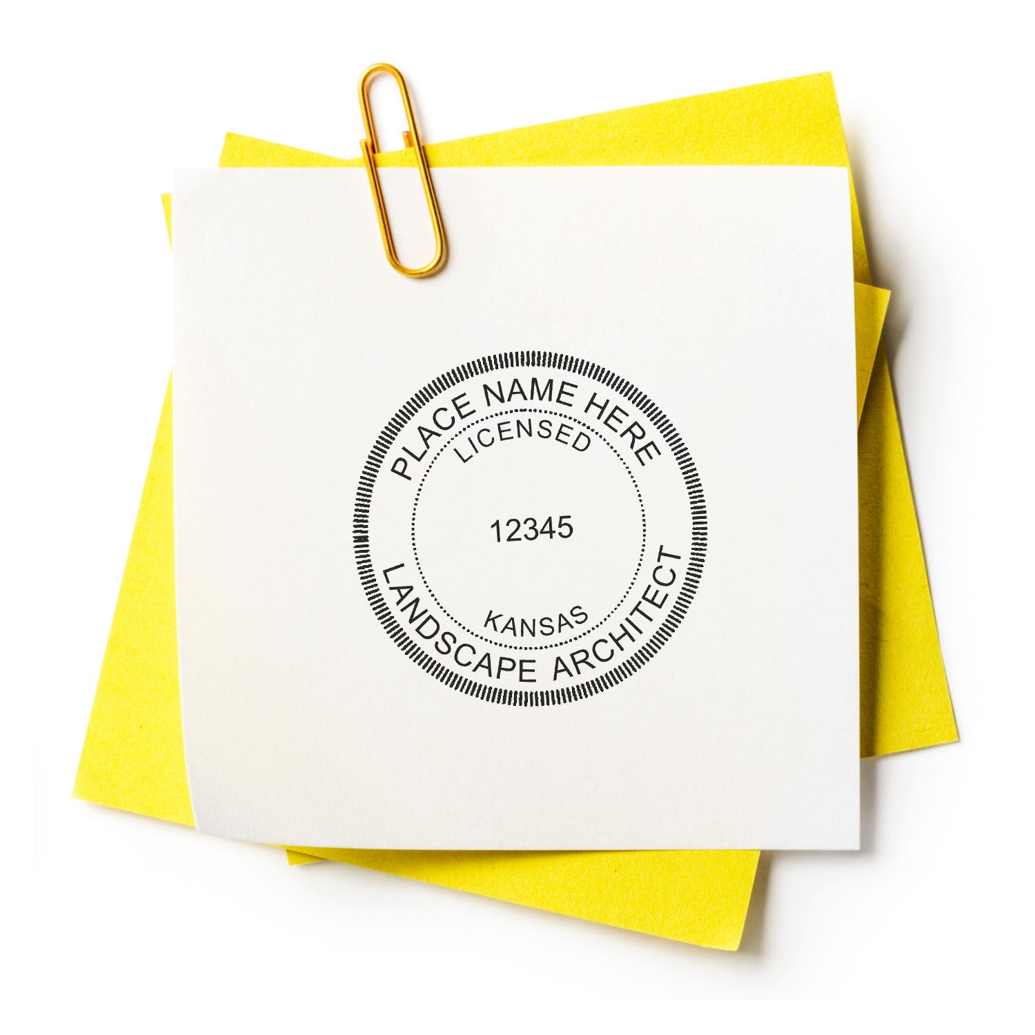 Alt Text: Kansas Landscape Architect Feature Image: A seal stamp on a white paper clipped to yellow papers, labeled Licensed Kansas Landscape Architect .