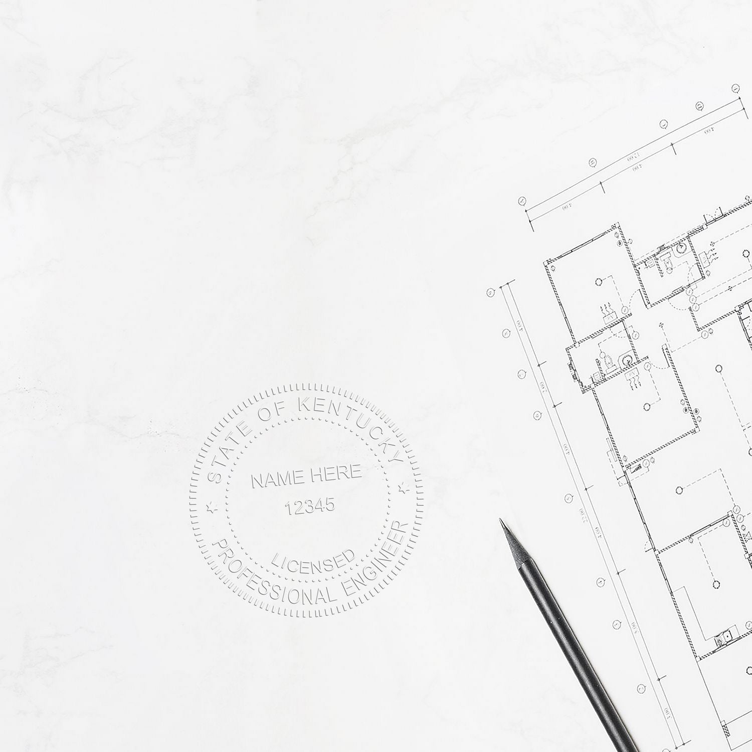 Kentucky Professional Engineer Seal Embosser in use on architectural plans, showcasing the embossed seal and a pen on the side.