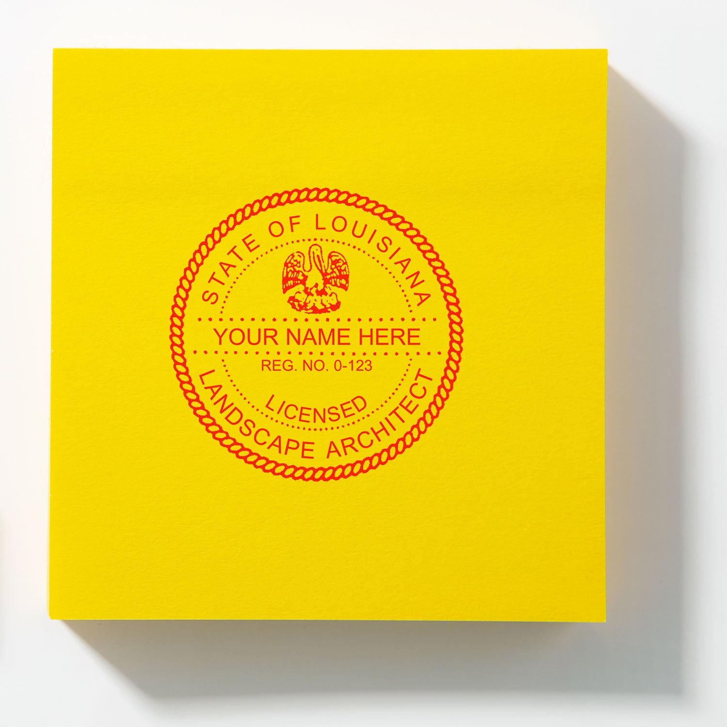 Louisiana Landscape Architect Feature Image: A red seal stamp on a yellow background with text 'State of Louisiana Licensed Landscape Architect.'