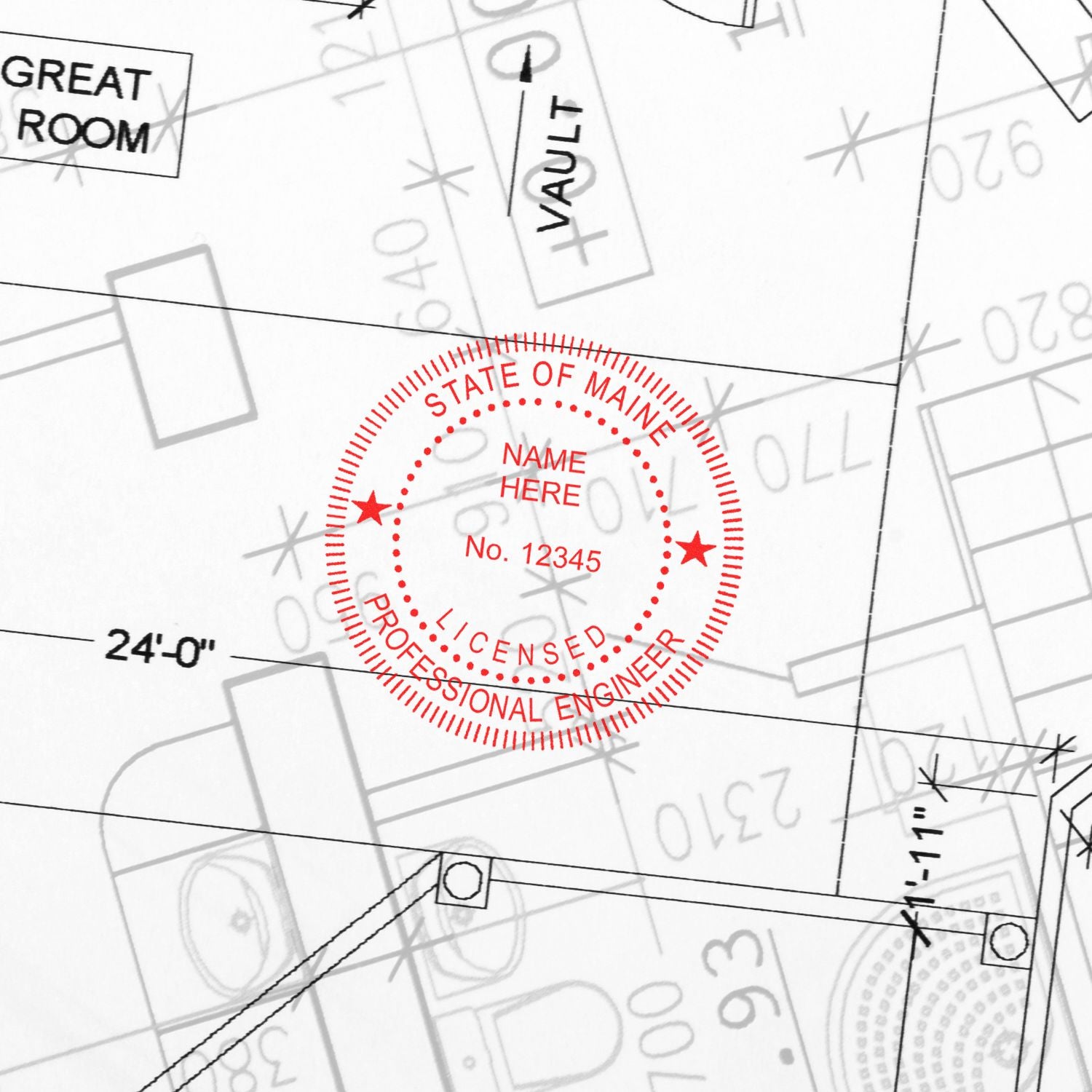 Red Maine Engineer Stamp on architectural blueprint with text STATE OF MAINE LICENSED PROFESSIONAL ENGINEER. Blog post: Maine Engineer Stamp.