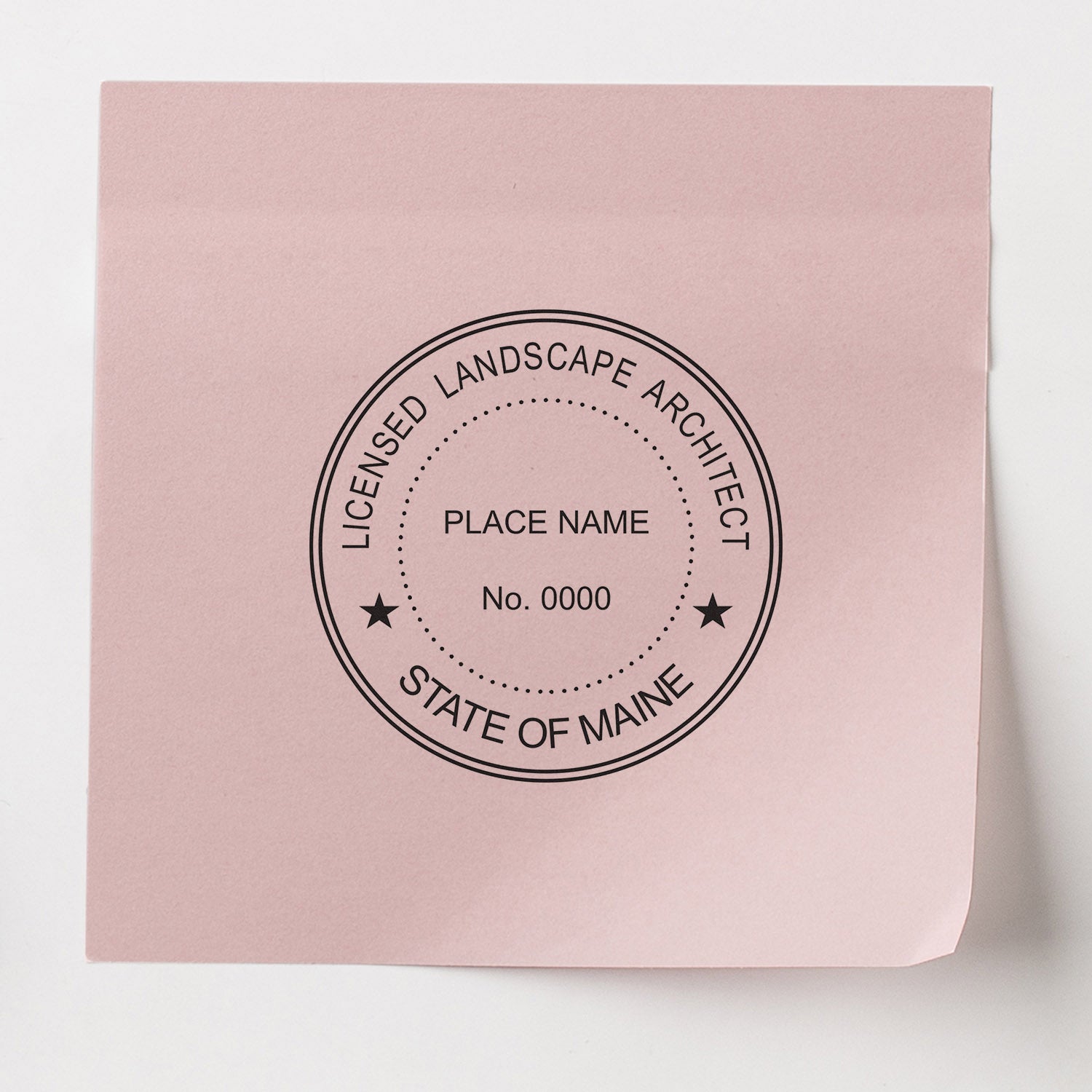 Maine Landscape Architect Feature Image: A pink paper with a black seal stamp reading 'Licensed Landscape Architect, State of Maine, Place Name, No. 0000'.