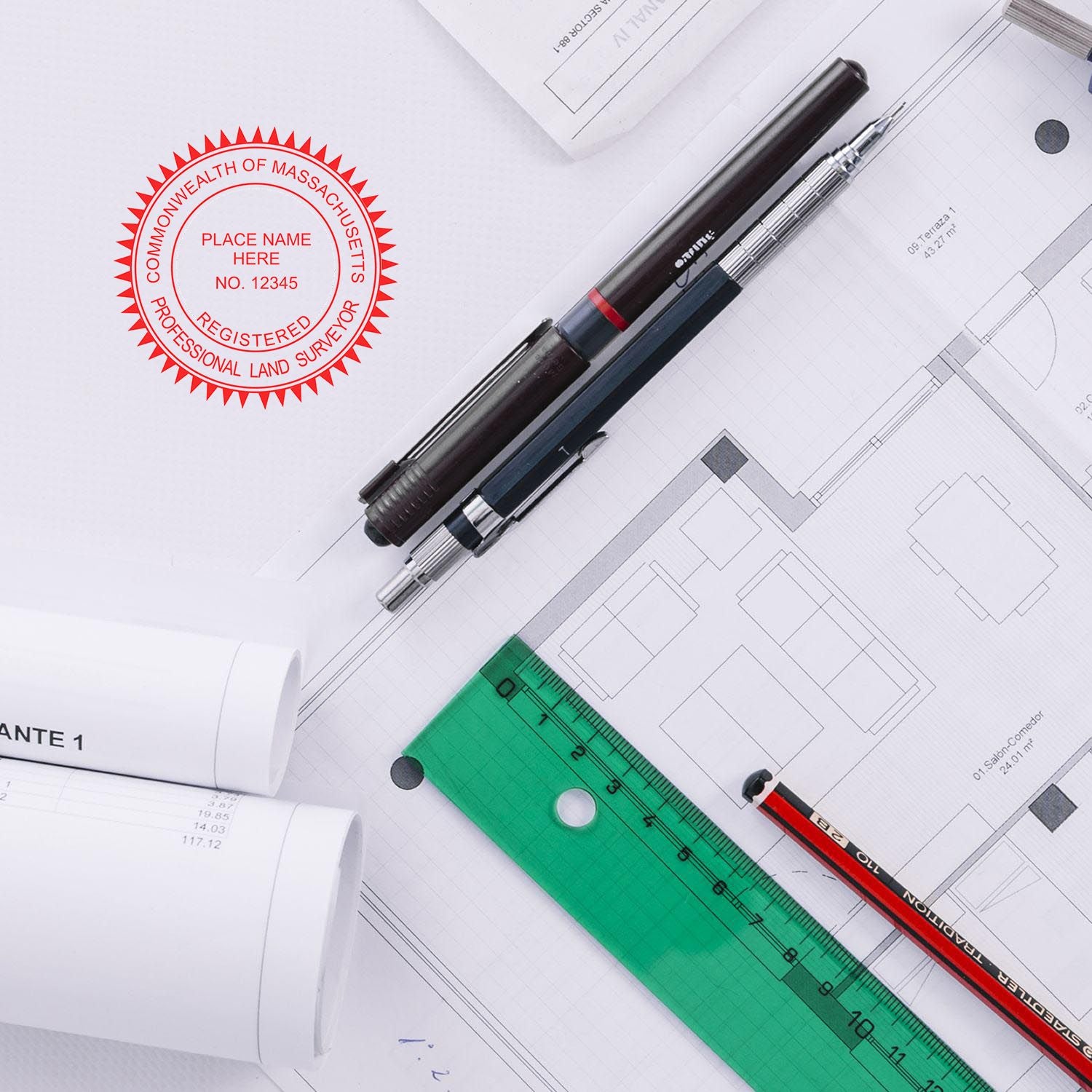 Massachusetts Land Surveyor Stamp blog post: A desk with architectural plans, a Massachusetts Land Surveyor stamp, pens, a ruler, and a protractor.