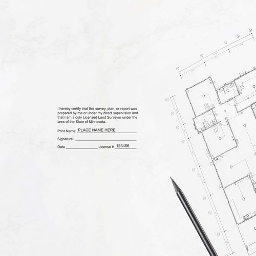 Image of a Minnesota Land Surveyor Stamp on a blueprint with a pen, highlighting the blog post: Minnesota Land Surveyor Stamp.