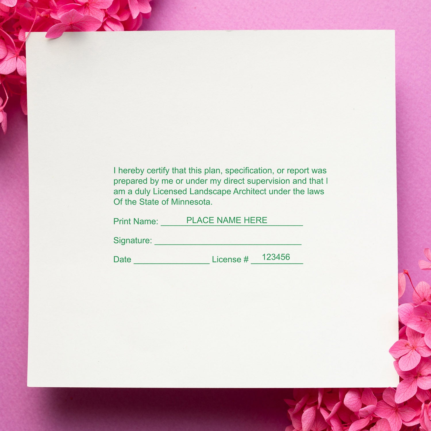 Minnesota Landscape Architect Feature Image: A certification document with a signature line, license number, and pink flowers on a pink background.