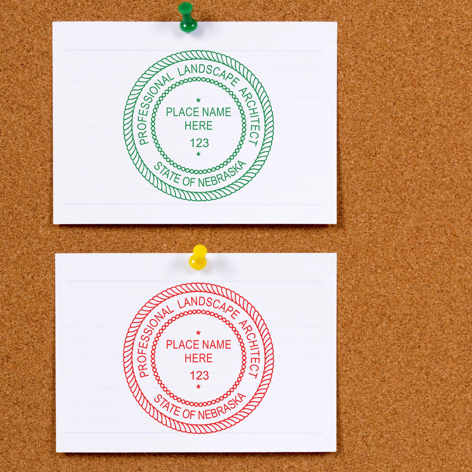 Two professional landscape architect seals, one green and one red, pinned on a corkboard. Blog post: Nebraska Landscape Architect Feature Image.