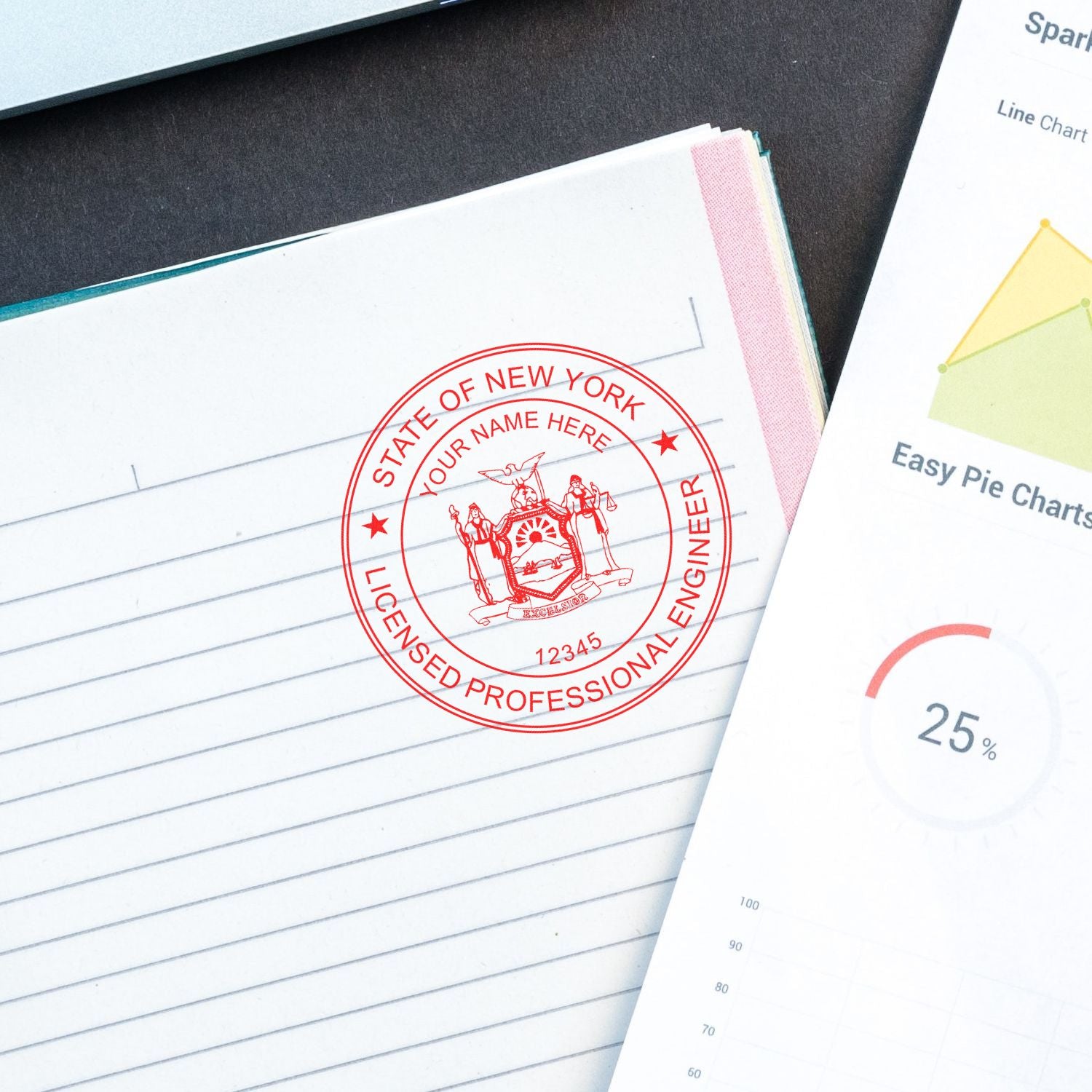 A PE Stamp image on notebook paper for the licensed professional engineer in the state of New York.