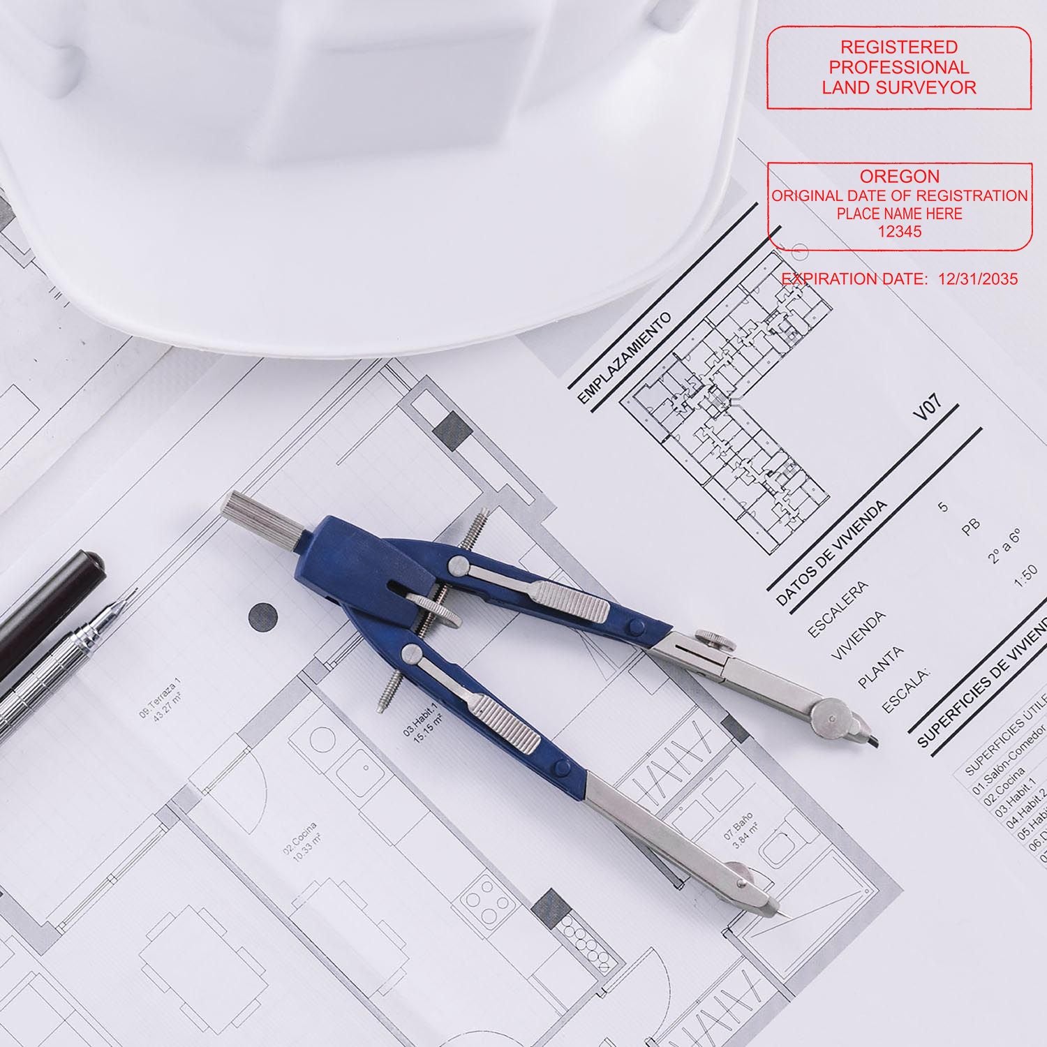 Oregon Land Surveyor Stamp: A desk with architectural plans, a compass, a pen, and a hard hat, featuring a registered professional land surveyor stamp.