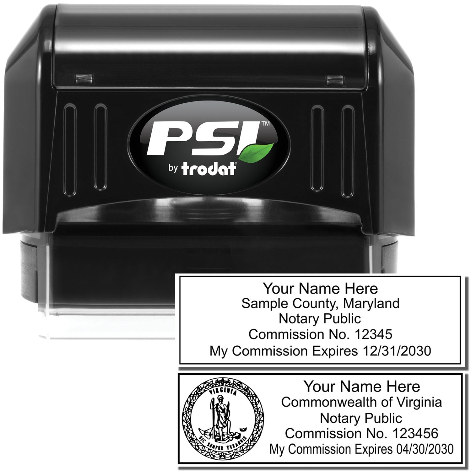 Image of a PSI by Trodat notary stamp with sample notary stamp impressions. Blog post: Get the Perfect Notary Stamp for Your Needs Feature Post Image.