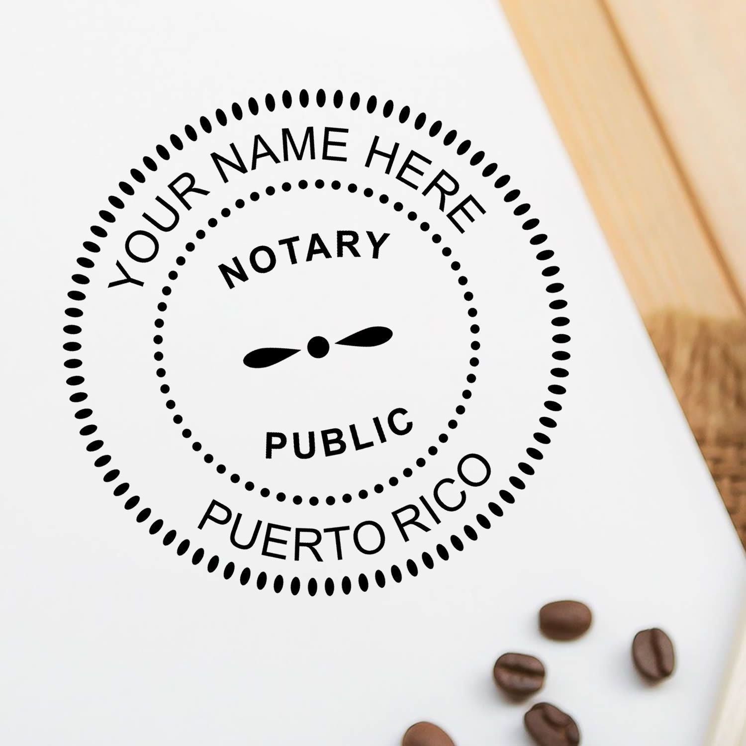 Image of a Puerto Rico notary public stamp on a white surface with coffee beans. Blog post: Navigating the Market: Finding the Best Notary Stamp Price.