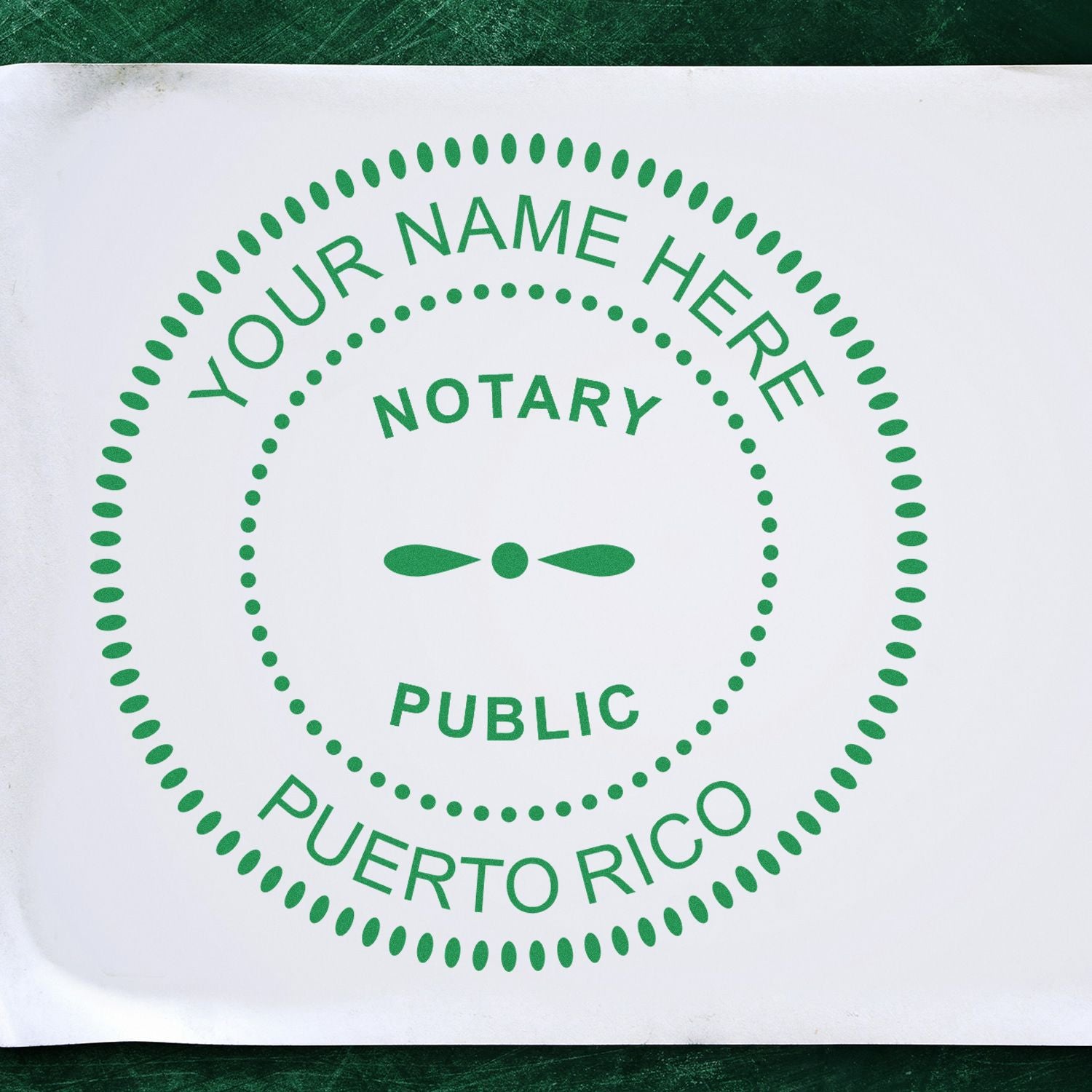 Image of a green notary seal with Your Name Here text, featured in the blog post The Goldilocks Dilemma: Decoding the Perfect Notary Seal Size.