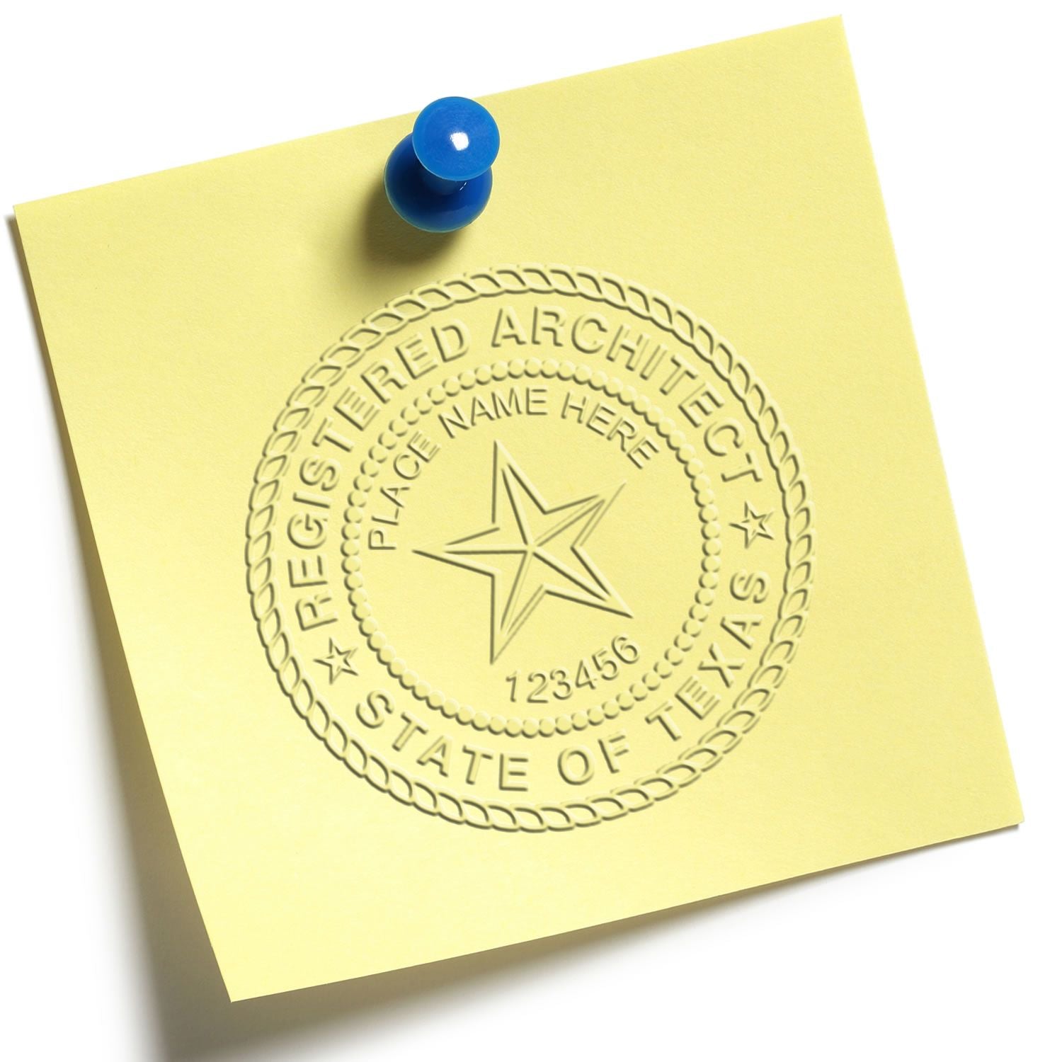 Embossed seal on yellow paper with 'Registered Architect, State of Texas' for blog post 'Texas Architecture Seals and Embossers.'