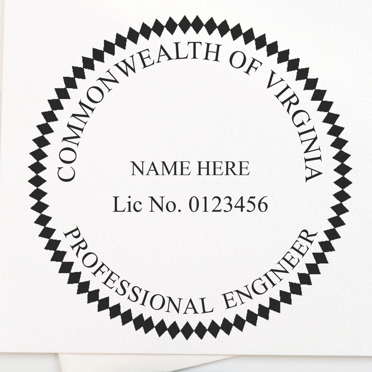 Image of a Virginia Engineer Stamp with the text COMMONWEALTH OF VIRGINIA PROFESSIONAL ENGINEER and Lic No. 0123456 for the blog post Virginia Engineer Stamp .