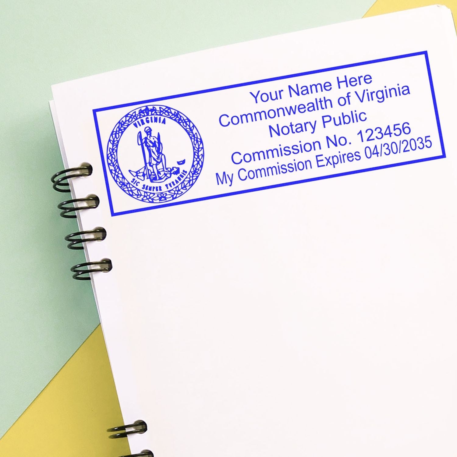 Get the Perfect 'Notary Stamp VA' for Your Needs Feature Post Image: A Virginia notary public stamp on a white notebook page.