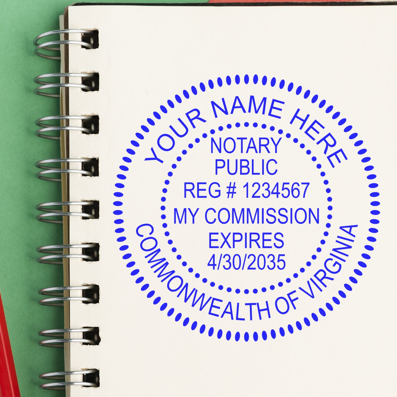 Everything You Need to Know About Notary Supplies Feature Post Image: Virginia notary public round stamp on a spiral notebook.