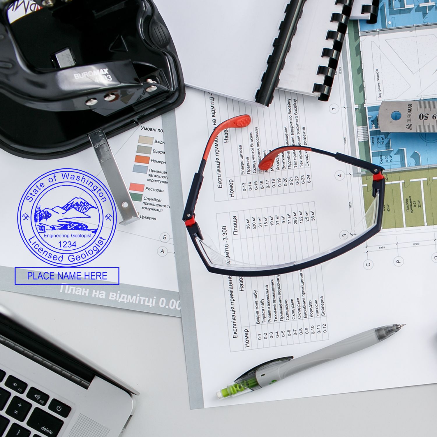 The Essential Tool: Exploring the Professional Geologist Seal Feature Image - Desk with geologist seal, glasses, pen, and documents.