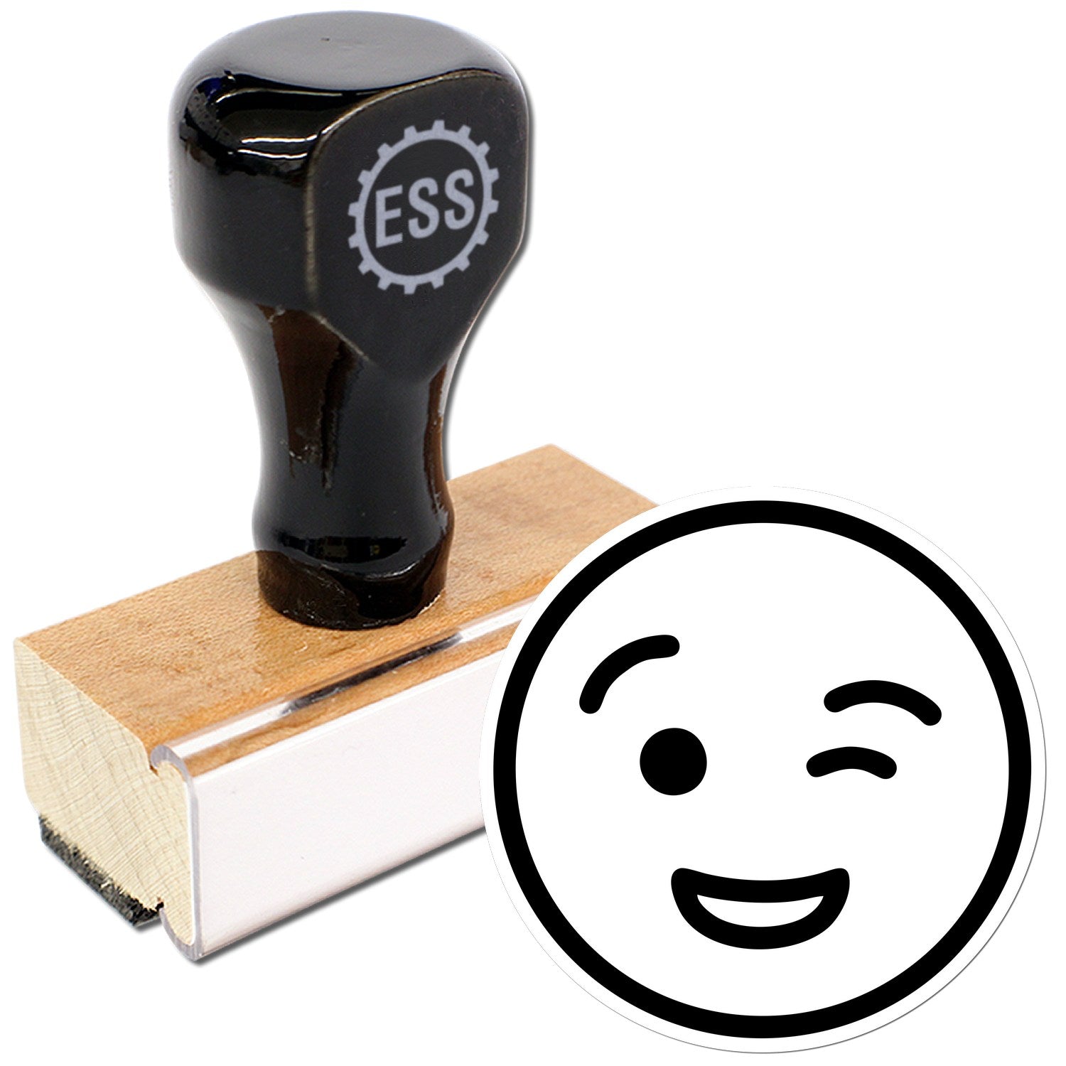 Wood Handle Cheeky Wink Emoticon Rubber Stamp featuring a black handle and wooden base, alongside a winking smiley face design. Perfect for adding a playful touch to your projects.