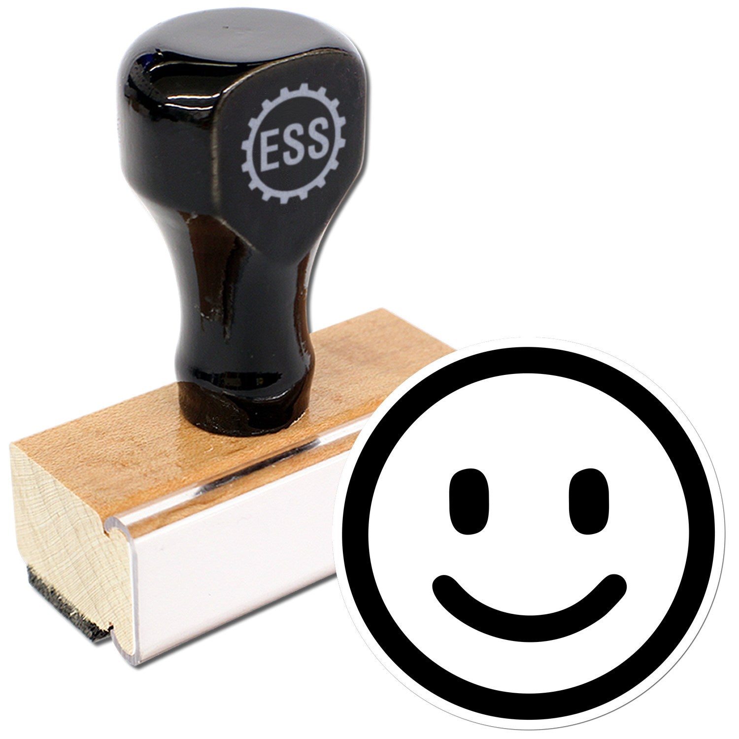 Wood Handle Happy Face Smiley Rubber Stamp with a black handle and wooden base, featuring a cheerful smiley face design. Perfect for adding a fun touch to crafts and stationery.