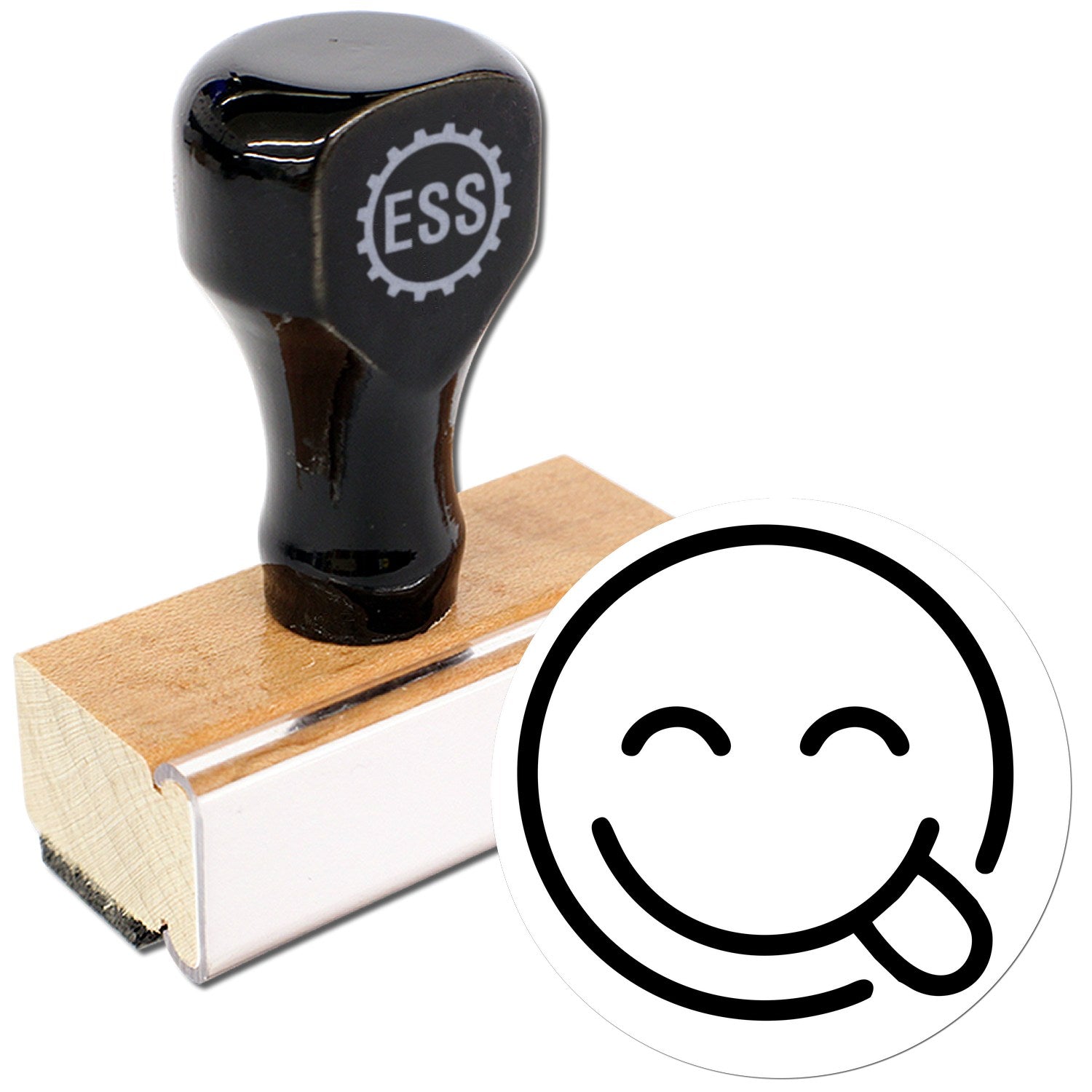 Wood Handle Silly Smirk Pictogram Rubber Stamp featuring a black handle with ESS logo, mounted on a wooden base, and a playful smirk design. Perfect for adding fun to your projects.