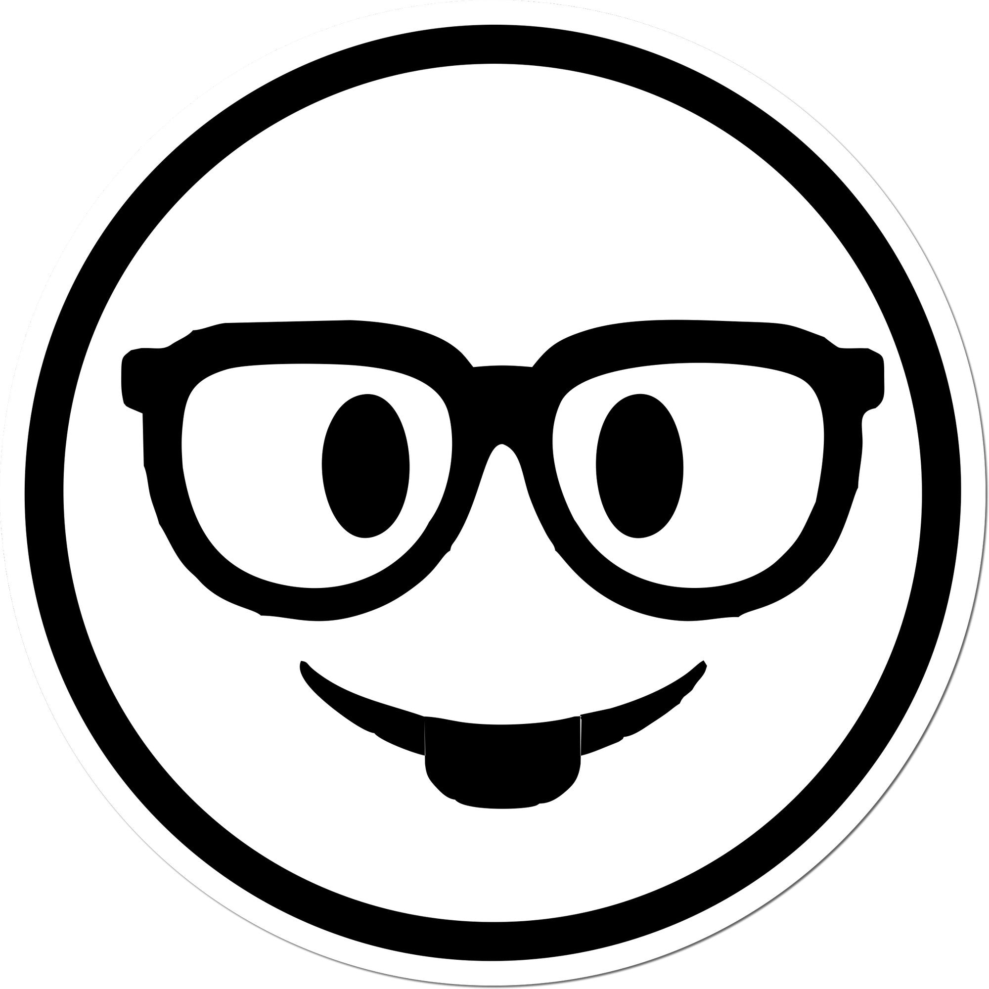 Self-Inking Smarty McGlasses Emotes Stamp featuring a smiling face with glasses and a mustache in black ink. Perfect for adding fun, expressive imprints to your projects.