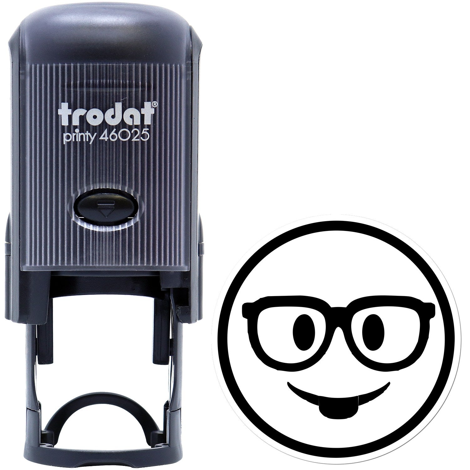 Self-Inking Smarty McGlasses Emotes Stamp with black casing and a smiling face with glasses design. Ideal for adding fun, personalized touches to documents.