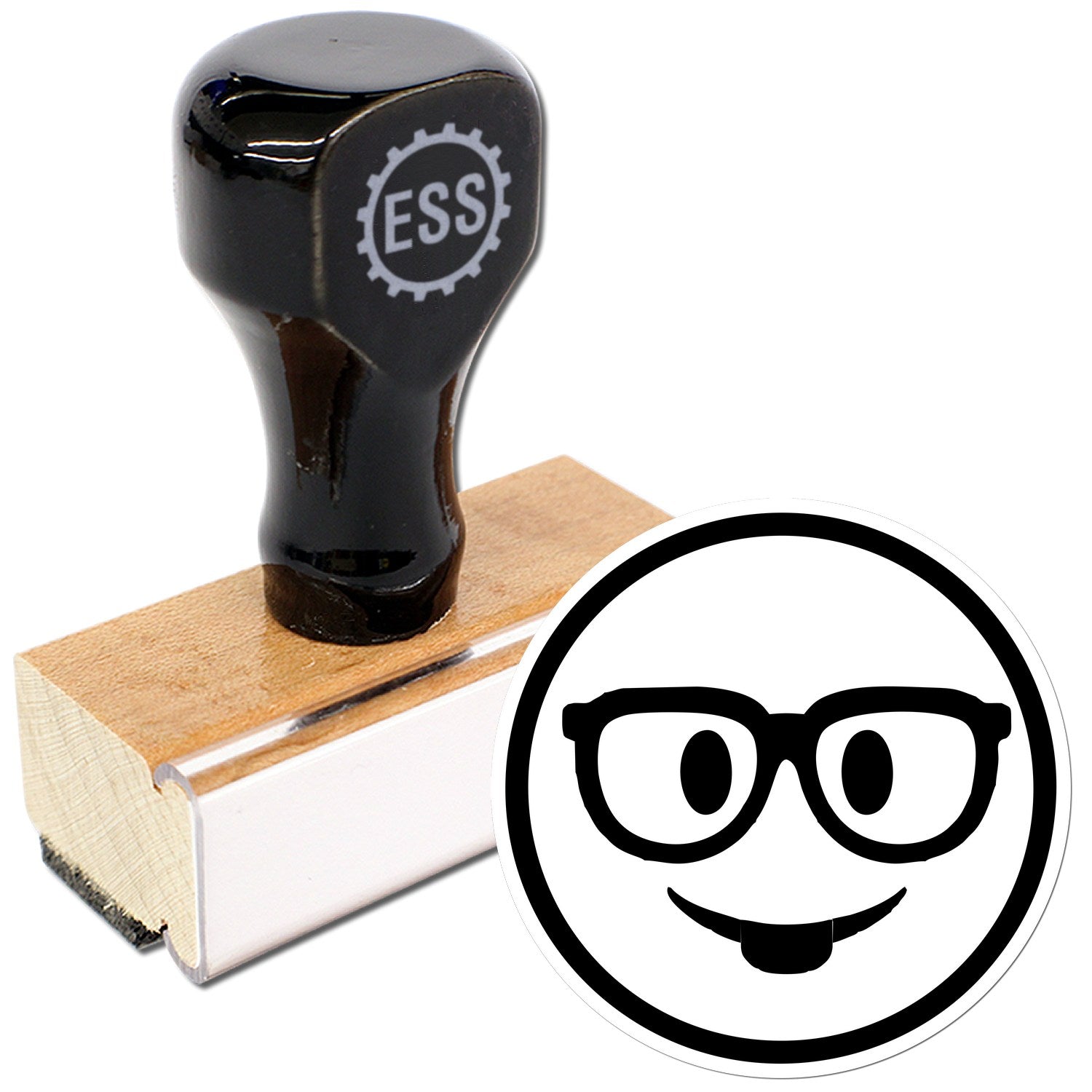 Wood Handle Smarty McGlasses Emotes Rubber Stamp with black handle and wooden base, featuring a smiling face with glasses design.