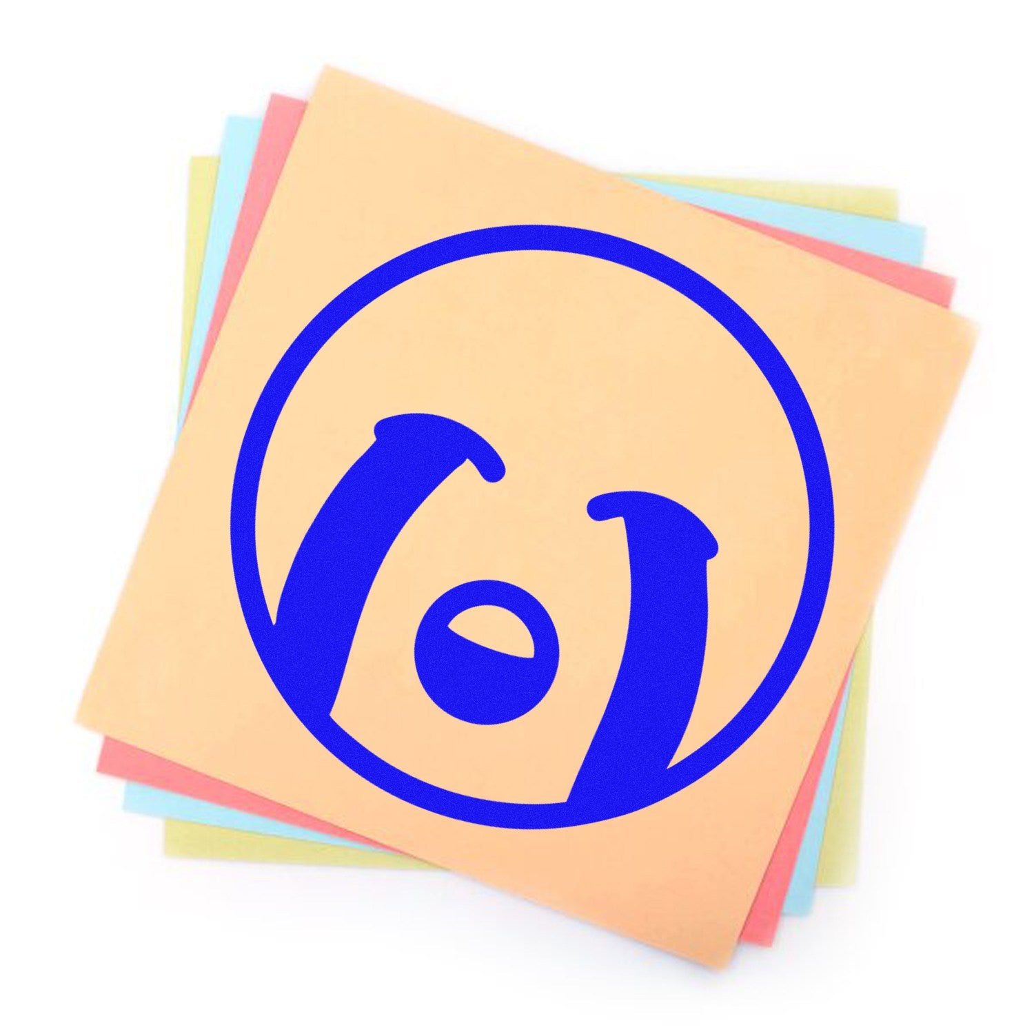 Self-Inking Joyess Smiley Reaction Stamp in blue ink on colorful paper stack, showcasing a cheerful smiley face design. Ideal for adding fun and positivity to documents and crafts.