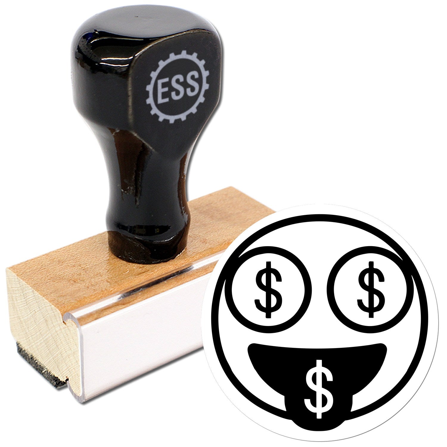 Wood Handle Money Eyes Facial Expressions Rubber Stamp featuring a black handle and wooden base, with a design of a face with dollar sign eyes and tongue. Perfect for creative stamping projects.